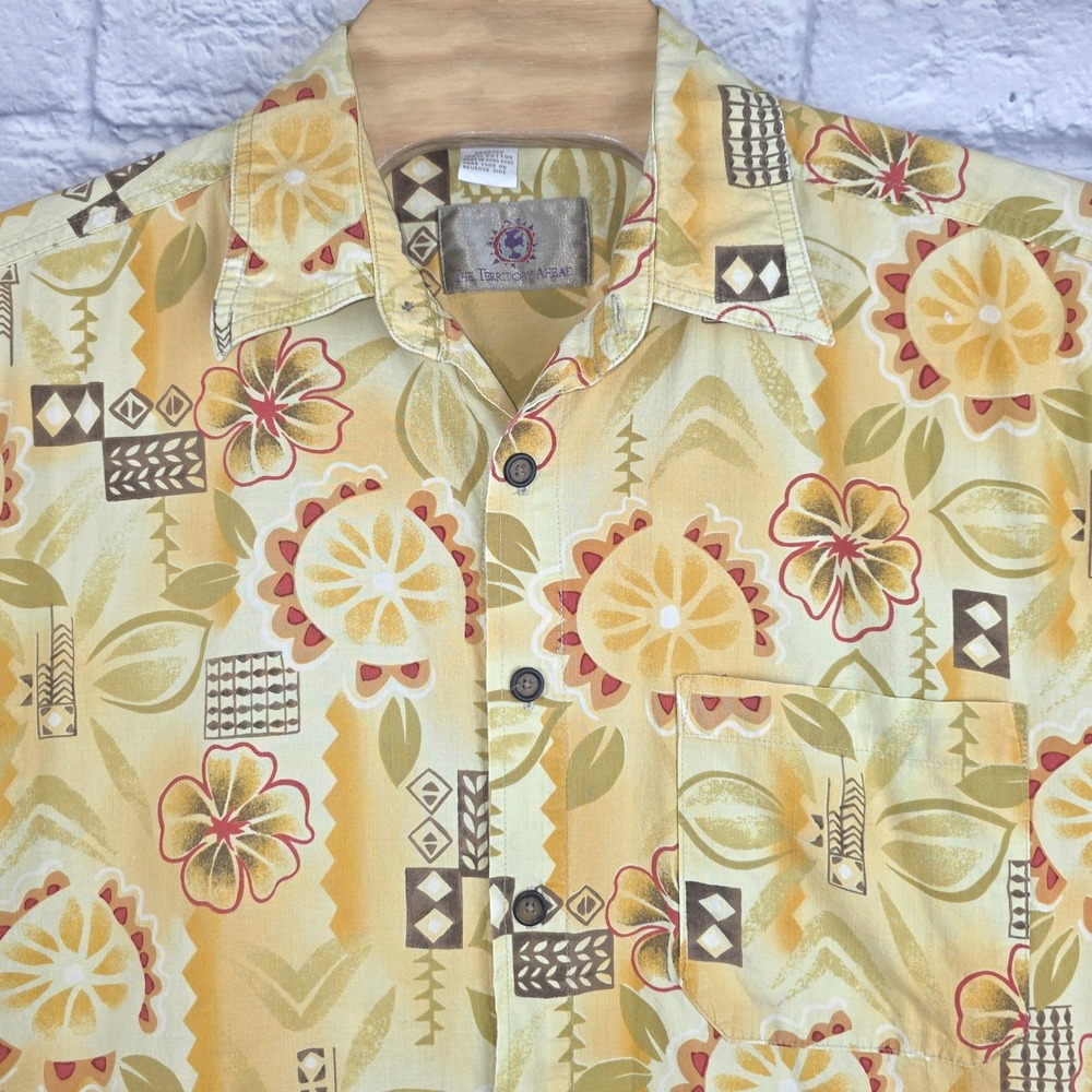 Vintage The Territory Ahead Mens Yellow Tropical Floral Cotton Hawaiian Shirt XL